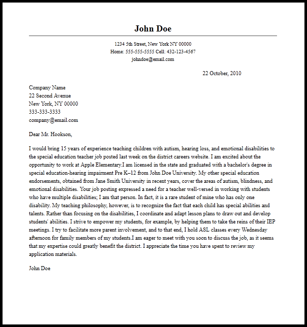 Professional Special Education Teacher Cover Letter Sample  Guideline