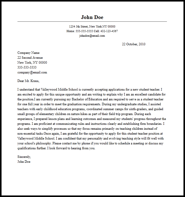 cover letter for student teaching application