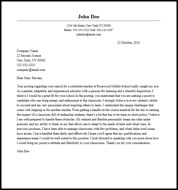 first time substitute teacher cover letter