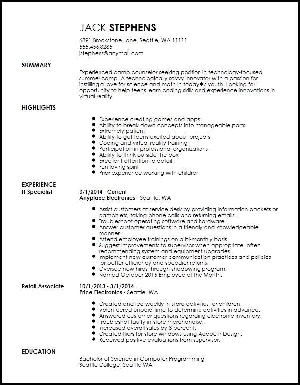 free contemporary camp counselor resume resume now