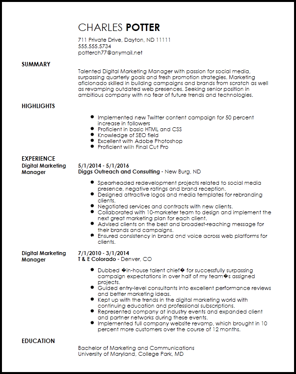 Free Creative Digital Marketing Manager Resume Template ...