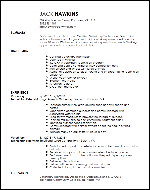Free Entry Level Veterinary Technician Resume Template ResumeNow