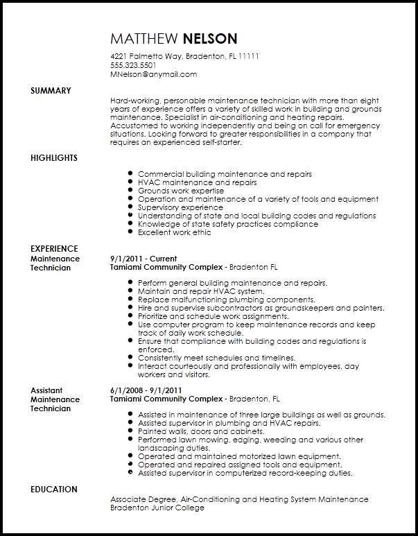 Free Professional Maintenance Technician Resume Template ResumeNow