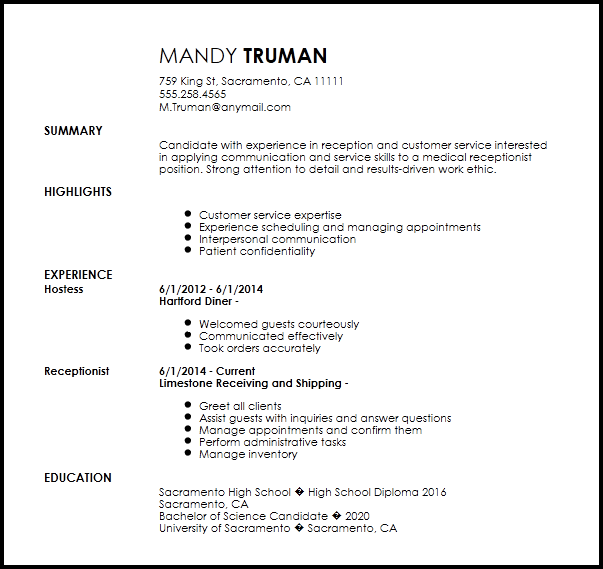 Free Medical Receptionist Professional Resume Template ...