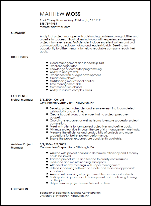 Free Professional Project Manager Resume Template | Resume-Now