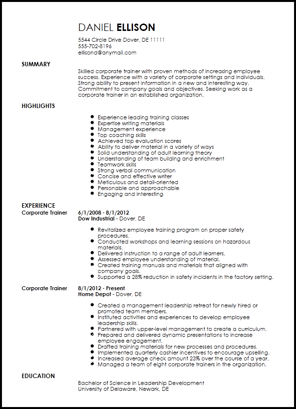 free traditional corporate trainer resume template traditional resume example