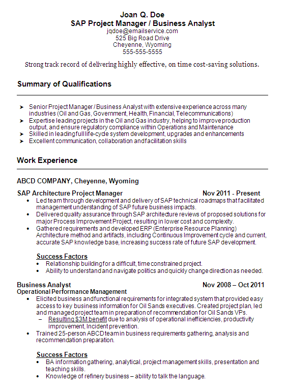 sap project manager resume example