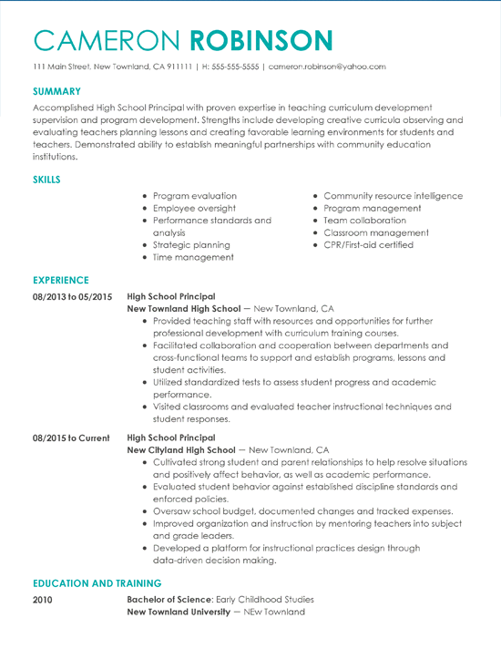 School Principal Resume Samples Velvet Jobs