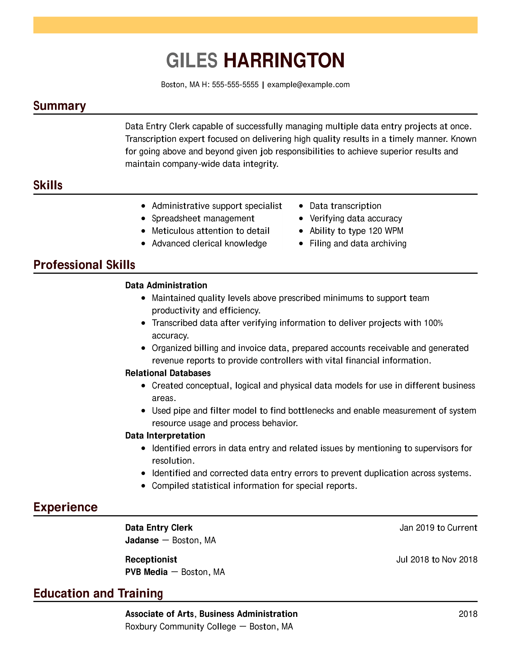 Calculation clerk cv July 2020