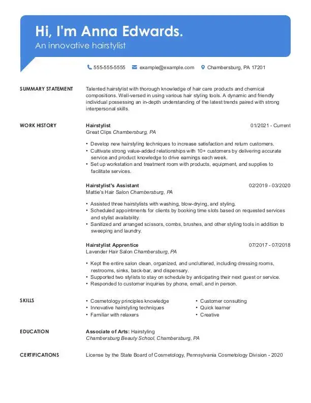 Hairstylist Resume Example