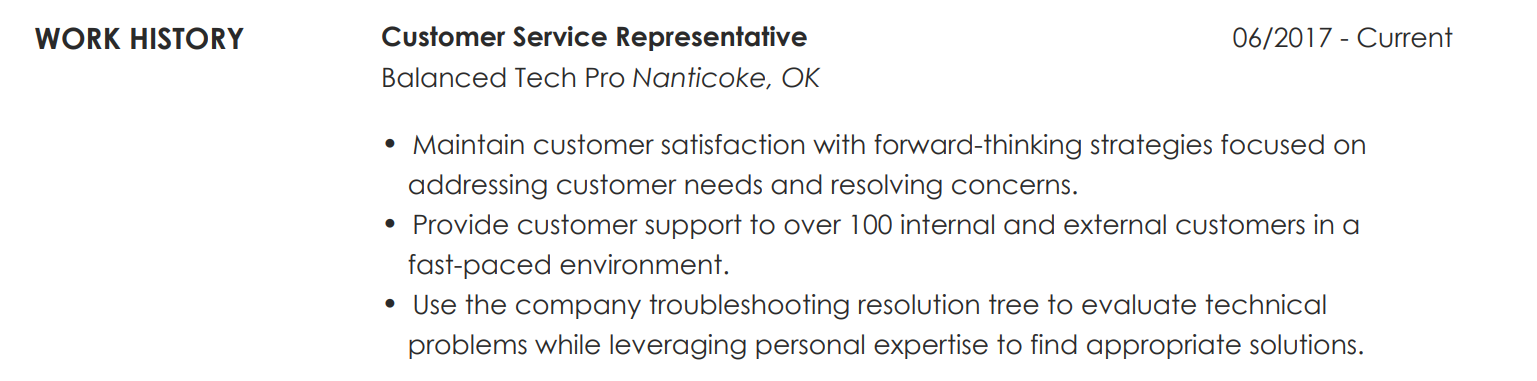 customer service representative work history section