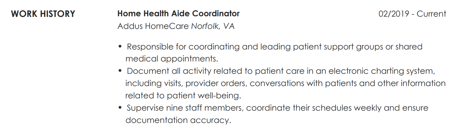 home health coordinator work history section