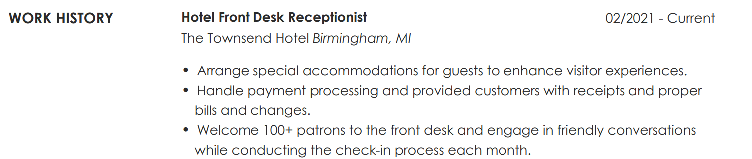 hotel front desk receptionist work history section