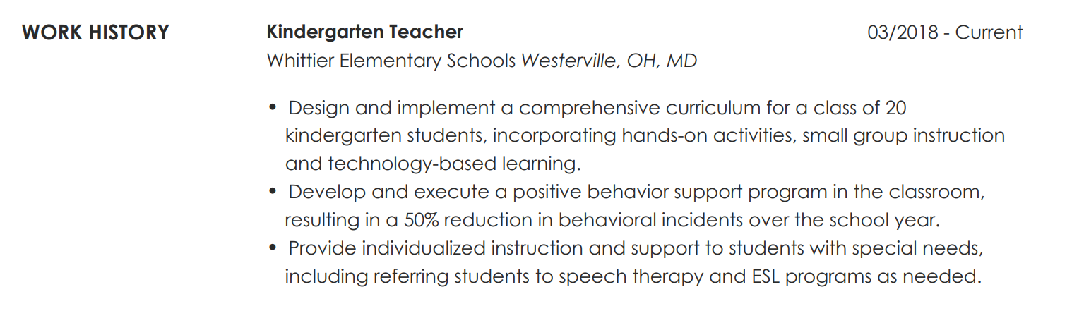 kindergarten teacher work history section