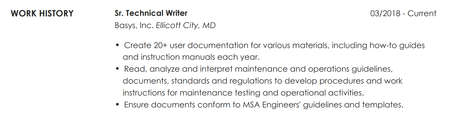senior technical writer work history section