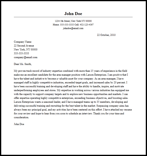 sample cover letter for managers position