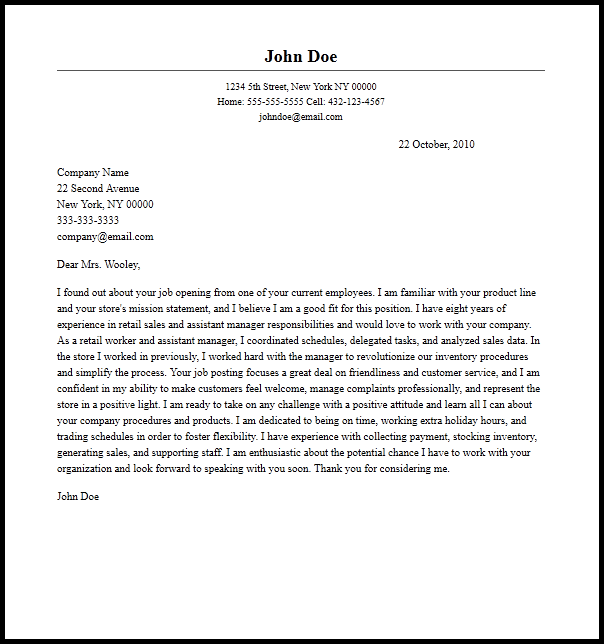 cover letter about shop assistant