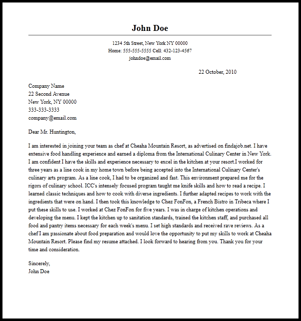 cover letter for chef job without experience