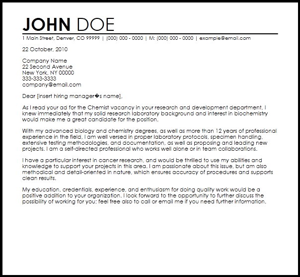 chemist cover letter example