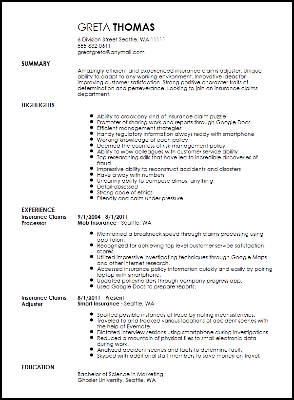 resume-for-claims-adjuster