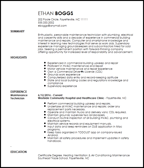 A resume example for a Maintenance Technician