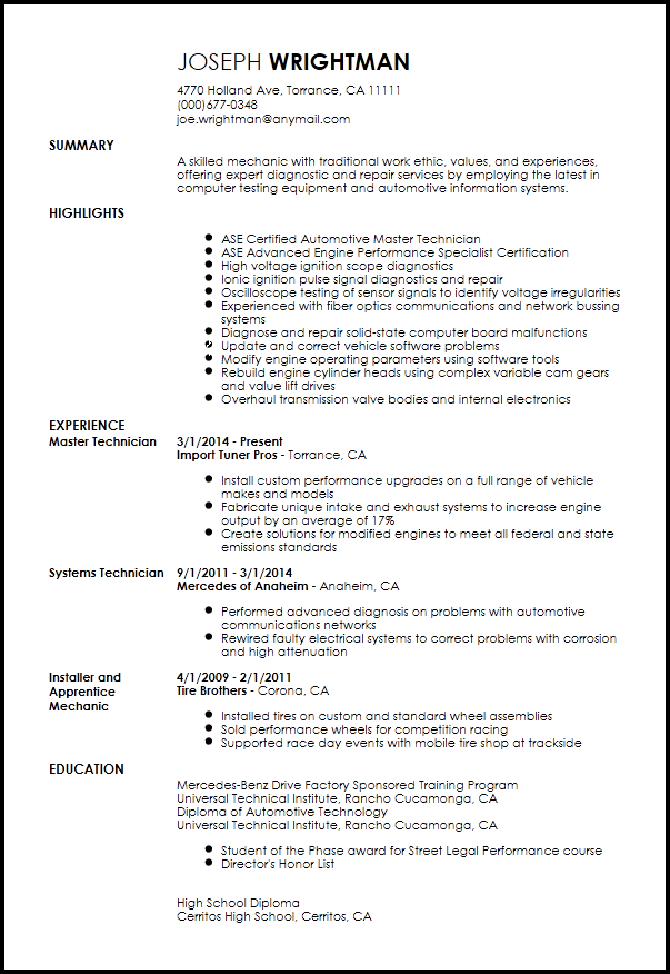 resume examples for mechanic