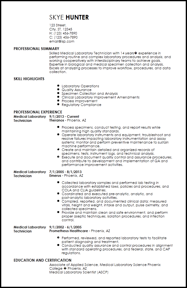 Contemporary Medical Lab Technician Resume