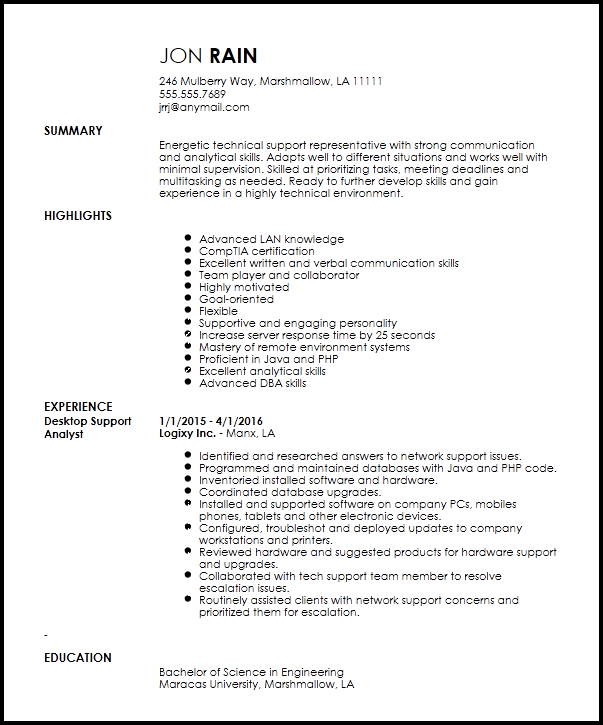 A resume example for Technical Support Representative
