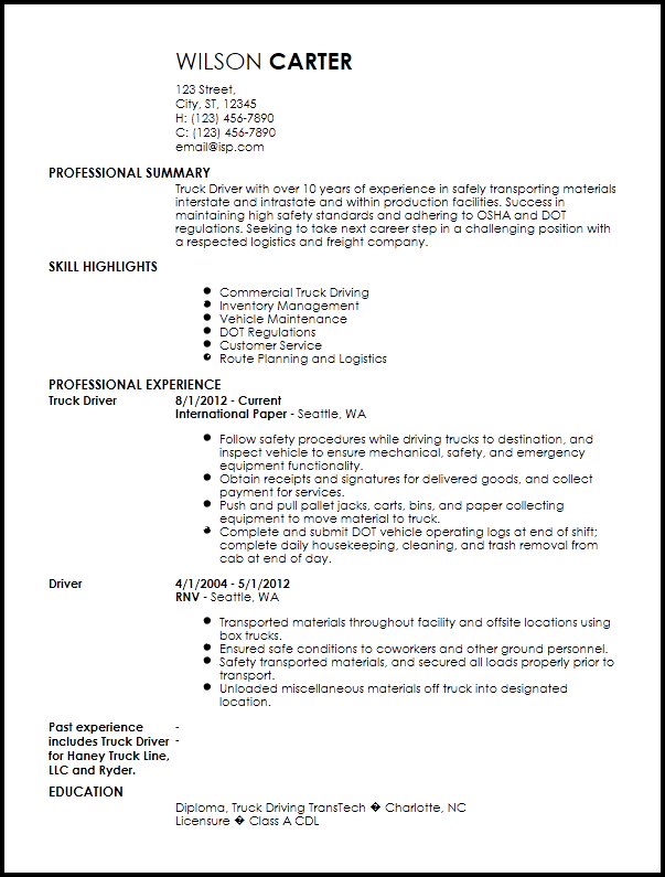 resume format of driver