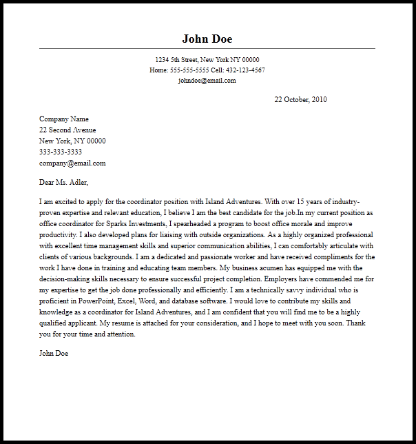 cover letter template for coordinator position