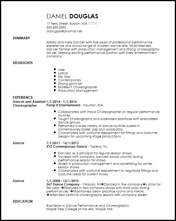 Correspondent Discrepantie Tijdens ~ Professional Dancer Resume Examples [+ Tips] | Resume-Now