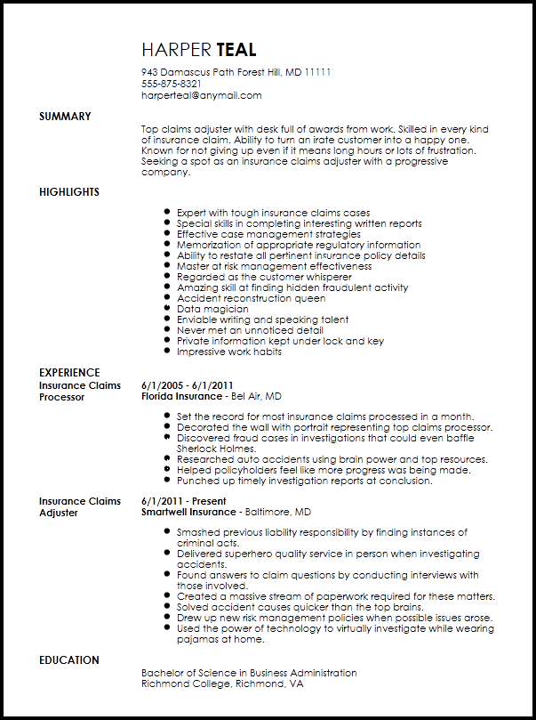 Free Creative Insurance Claims Adjuster Resume Template Resume Now