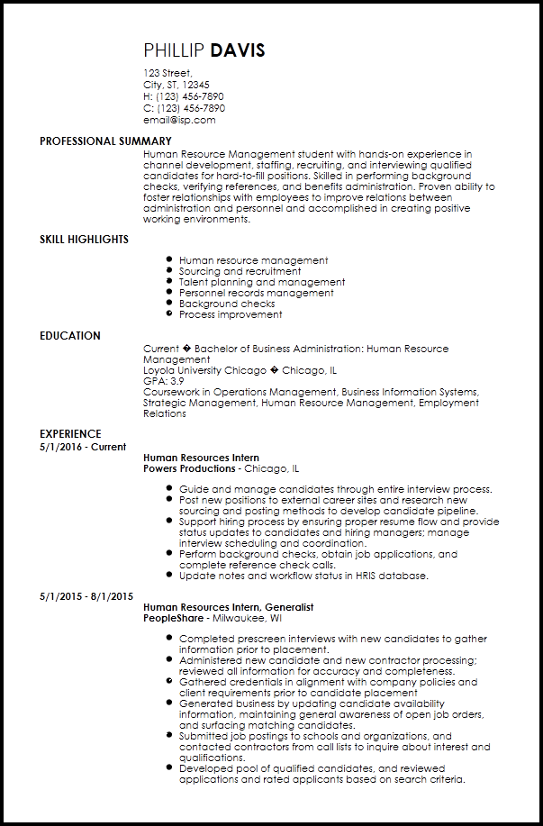 internship description in resume