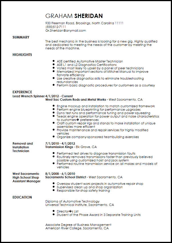 resume for car mechanic