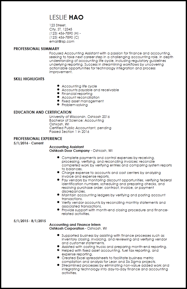 perfect resume for entry level accounting