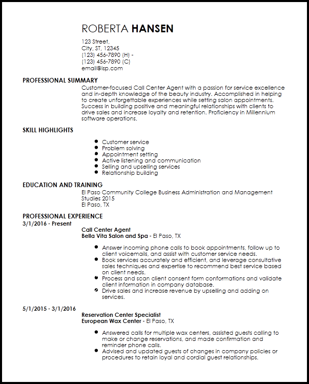 professional summary for resume call center