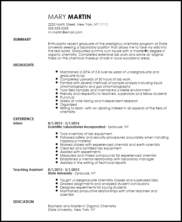 Free Entry Level Chemist Resume Example Resume Now