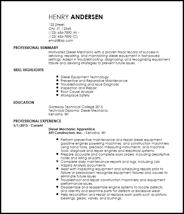 resume for mechanic apprentice