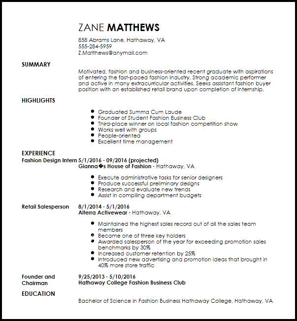 Free Entry Level Fashion Assistant Buyer Resume Resume Now