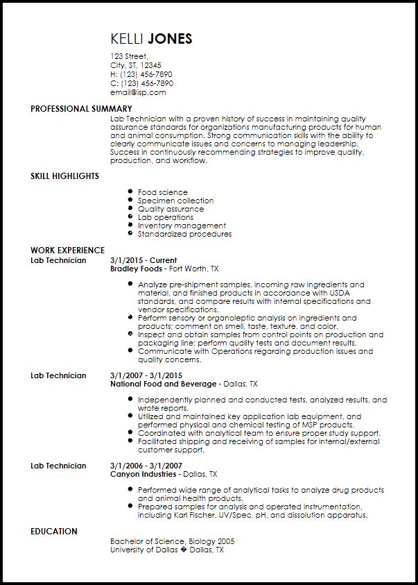 resume sample for lab technician