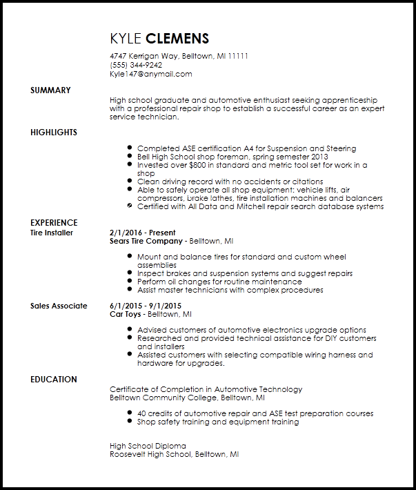 resume for mechanic