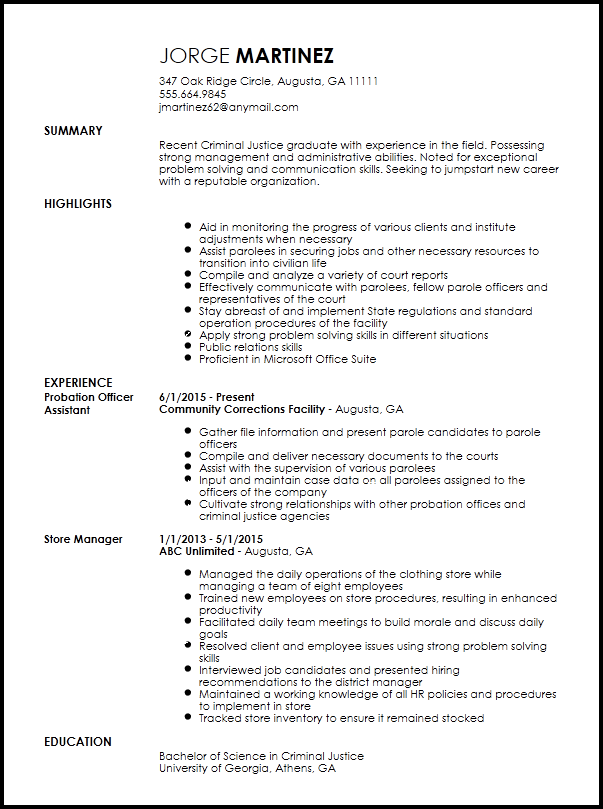 Criminal justice internship resume examples