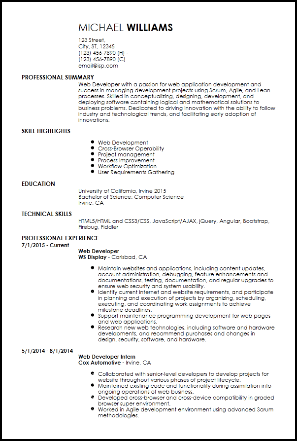 entry level web developer resume template