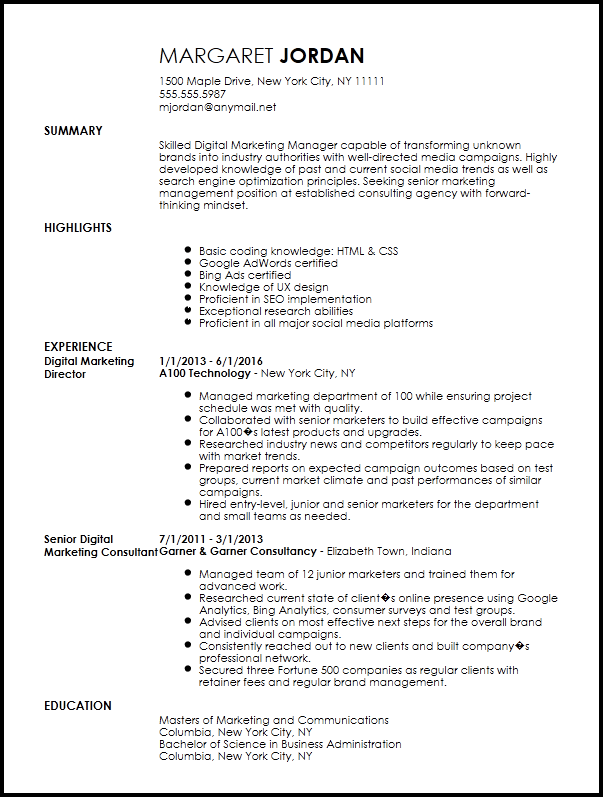 Free Executive Digital Marketing Manager Resume Resume Now