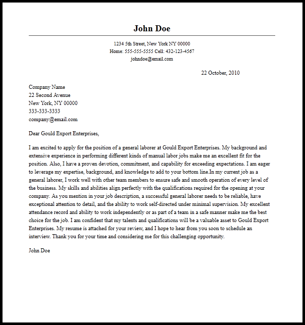 sample cover letter for general labor position