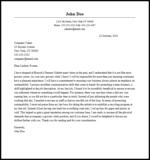 grocery store manager resume cover letter