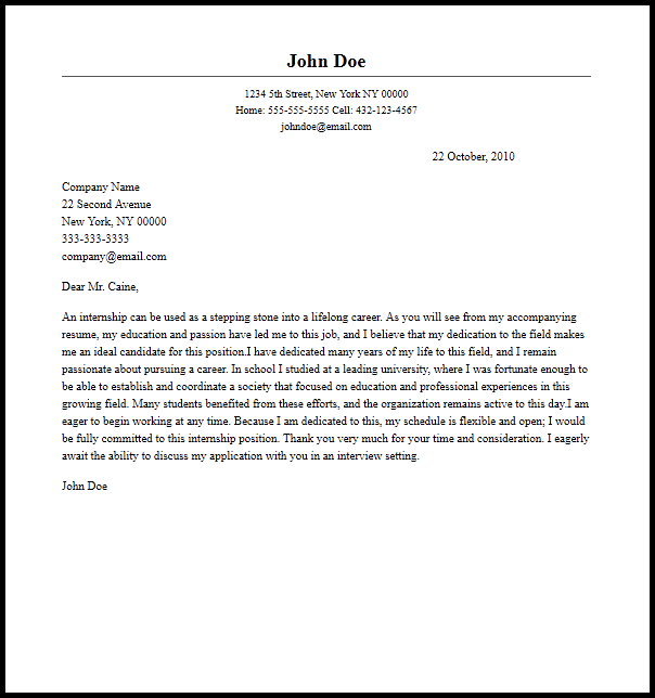 cover letter for cv for internship