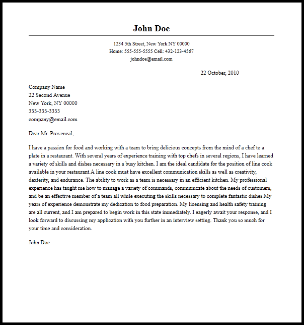 cover letter for cook template