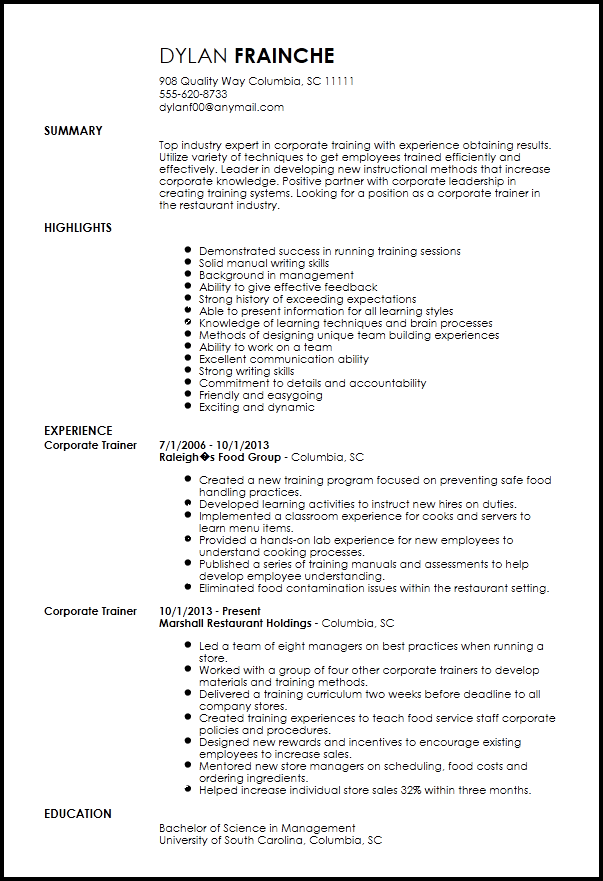 trainer position job description for resume