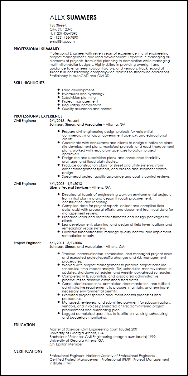 Free Professional Engineering Resume Examples Resume Now